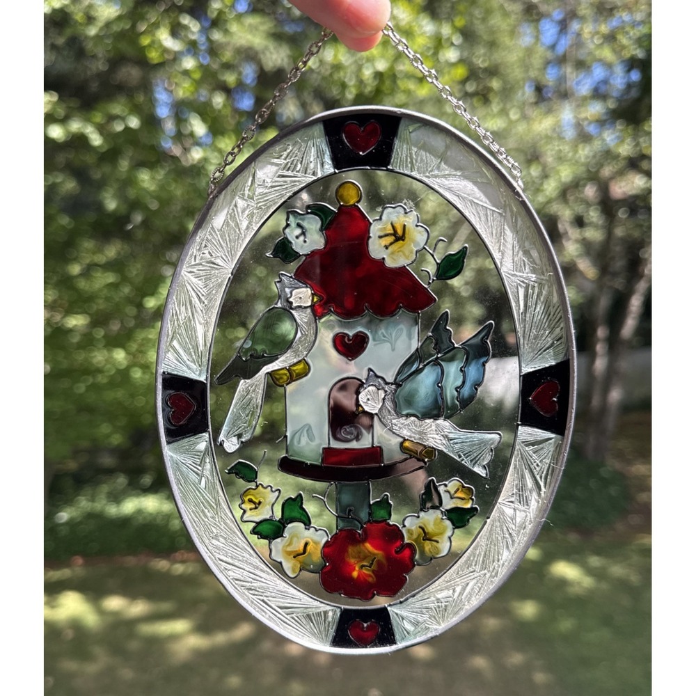 Stained Glass Birds birdhouse Flowers Oval Suncatcher Window Wall Decor 7x5.5"